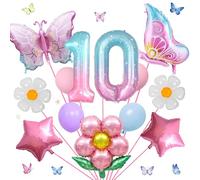 Juego de 17 globos digitales de mariposa de diez cumpleaños para niña, globos coloridos degradados de mariposa rosa, globos gigantes con número 10, decoraciones de fiesta de flores