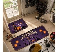 Juego de 2 alfombras de cocina con temática de calabazas de cóctel de | Sombrero de bruja, alfombras de cocina, murciélagos, carrito de bebidas, decoración del hogar de temporada