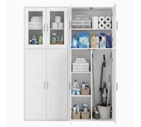 Juego de 2 Armario de Cocina, Armario Escobero Exterior para Escobas Aparador Alto Estante con Puertas y Estante Ajustable Armarios para Baño/Cocina/Sala de Estar/Comedor/Pasillo/Blanco/65×30×165CM