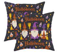 Juego de 2 fundas de almohada con diseño de gnomo, sombrero de bruja, escoba, Halloween, violeta, con cremallera oculta, almohadas decorativas para sala de estar, apartamento, cama, sofá, decoración