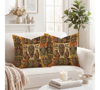 Juego de 2 fundas de almohada con diseño de máscara tribal de 14 x 14 | Impresión de máscara tribal, fundas de almohada, cerámica de loza, paleta de tonos tierra, decoración global