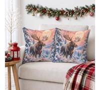 Juego de 2 fundas de almohada de 20 x 20 pulgadas, diseño de alce de bosque | Escena de bosque nevado, fundas de cojín, vida silvestre del bosque, decoración rústica de cabaña, paisaje sereno de montaña
