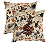 Juego de 2 fundas de almohada de bruja, escoba de gato vintage para Halloween, color naranja con cremallera oculta, fundas de almohada cuadradas para sala de estar, cama, oficina, sofá, silla