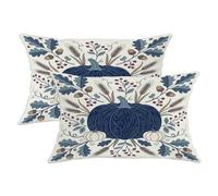Juego de 2 fundas de almohada de calabazas, diseño rústico de bellotas y hojas de otoño, color azul con cremallera oculta, fundas de almohada para sofá, sala de estar, apartamento, cama, sofá