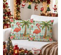 Juego de 2 fundas de almohada de pájaros tropicales de Navidad tropical de | Tema tropical, fundas de cojín, detalles de palma, patrones de caja de regalo, detalles de flores de hibisco, fondo a cuadros