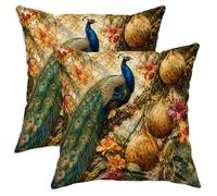 Juego de 2 fundas de almohada de pavo real, diseño de calabazas de flores clásico, color azul otoño, terciopelo suave, lavable, para sala de estar, cama, oficina, sofá, silla, decoración de 16 x 16