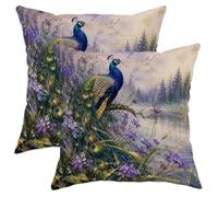 Juego de 2 fundas de almohada de pavo real, flores artísticas de naturaleza, hojas azul primavera con patrón de cremallera oculta, fundas de almohada para sala de estar, cama, oficina, sofá, silla