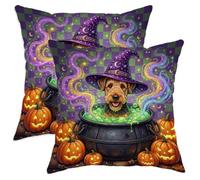 Juego de 2 fundas de almohada de perro Airedale Terrier de Halloween, fundas de almohada suaves con estampado de caldero navideño, 40.6 x 40.6 cm, diseño de bruja, decoración de terciopelo para sofá