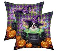Juego de 2 fundas de almohada de perro japonés de Halloween, fundas de almohada suaves con estampado de caldero navideño, 40.6 x 40.6 cm, diseño de bruja, decoración de terciopelo para sofá, sala de
