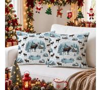 Juego de 2 fundas de almohada rústicas de invierno con diseño de alce y | Tema rústico de bosque, fundas de almohada, paisaje de montaña nevada, ilustraciones de cabaña de troncos