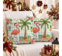 Juego de 2 fundas de almohada tropicales de Navidad tropical de 20 x 20 | Tema tropical, fundas de cojín, detalles de palma, patrones de caja de regalo, detalles de flores de hibisco, fondo a cuadros