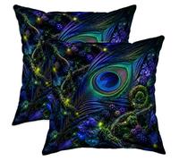 Juego de 2 fundas de cojín con diseño de pavo real, hojas de bayas artísticas de naturaleza, color azul primavera con cremallera oculta, fundas de cojín para sala de estar, cama, oficina, sofá, silla