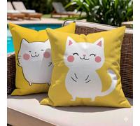 Juego de 2 Fundas de Cojín Exterior 60x60 Impermeables, Amarillo Gato Beige Decorativos para Sofá Jardín Terraza, Almohada Lino Doble Cara Estampado, Decoración Primavera Verano para Patio, -#b1925s