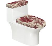 Juego de 2 fundas elásticas para tapa de inodoro y tanque de inodoro con parte inferior elástica, funda suave para asiento de inodoro, color rojo borgoña, vintage, peonía floral, para decoración del