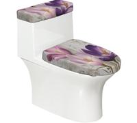 Juego de 2 fundas elásticas para tapa de inodoro y tanque de inodoro con parte inferior elástica, funda suave para asiento de inodoro, rosa, morado, floral sobre madera, para decoración del hogar