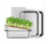Juego de 2 Kits de Germinación con Bandejas de Acero Inoxidable, 26 x 19 cm con Insertos de Malla, Reutilizables y Fáciles de Limpiar, para Berro, Microvegetales, Hierba para Gatos y Pasto de Trigo