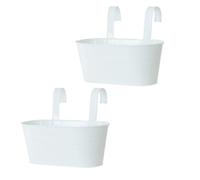 Juego de 2 macetas colgantes de metal con ganchos para uso en interiores y exteriores, ideal para balcones, barandillas, vallas y jardines (blanco, 28 x 13 x 11,9 cm)