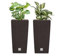 Juego de 2 macetas de 26,6 litros, con apariencia de ratán, color antracita, macetas altas para plantas de 50 cm de altura, con maceta interior de 11 litros, de forma cuadrada. Maceta exterior de plás