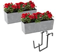 Juego de 2 macetas para balcón, estilo caja, con inserto para macetas, apariencia de hormigón, color gris, dimensiones 56x19, altura 19,5 cm + soporte de metal