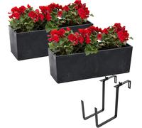 Juego de 2 macetas para balcón, estilo maceta de flores, con inserto para macetas, aspecto de hormigón, color , 56x19 altura 19,5cm + soporte de metal