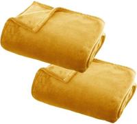 Juego de 2 mantas de forro polar Unyqoos® Atmosphera, color ocre, ideales para sofás y sillones, fabricadas en poliéster, medidas 130 x 180 cm