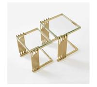 Juego de 2 mesas auxiliares modernas cuadradas - pequeñas mesas de centro con cristal templado claro y patas de acero inoxidable doradas - dorado+transparente