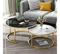 Juego de 2 mesas auxiliares redondas modernas con marco de metal y tapas de cristal con efecto mármol, para el hogar, oficina, sala de estar o salón, marco dorado, 70 cm, negro y 50 cm blanco
