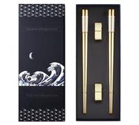 Juego de 2 palillos de metal reutilizables con soporte, color dorado