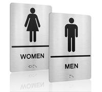 Juego de 2 placas de inodoro para hombre y mujer, cartel para inodoro con braille, autoadhesivo, de aluminio, 22,9 x 15,3 cm, plateado, para oficina, hotel, restaurante