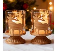 Juego de 2 portavelas de Navidad con diseño de ciervo, estilo vintage, con portavelas de cristal, para decoración de Navidad, decoración de invierno y decoración de mesa, salón, reno