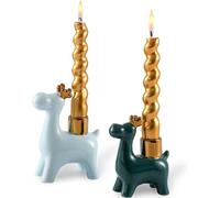 Juego de 2 portavelas Unyqoos® – Reindeer de cerámica para velas cónicas, verde oscuro/verde claro, con astas doradas, de 14,5x13x6 cm y 12x11x4,5 cm, con un diámetro interior de 2,5 cm