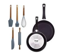 Juego de 2 sartenes ø20ø24cm en aluminio prensado y antiadherente + set de 5 utensilios de cocina de silicona y madera pixel chef sauce