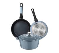 Juego de 2 Sartenes de Ø20Ø26cm Aluminio prensado + Cacerola con tapa Ø25,5x12cm (5L) en Hierro fundido color Azul NOIA San Ignacio
