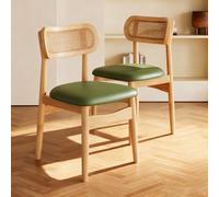 Juego de 2 sillas de comedor de ratán modernas de mediados de siglo, tapicería de madera maciza y cuero, piel de cocina verde Slish para el hogar, comedor y Loun