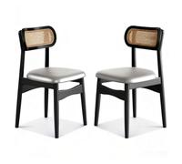 Juego de 2 sillas de comedor modernas de ratán, asientos de cocina de cuero de mediados de siglo con madera maciza, diseño negro y gris claro para comedor y uso recreativo