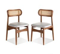 Juego de 2 sillas de comedor modernas de ratán de mediados de siglo, sillas de cocina tapizadas de cuero Slish con madera de nogal maciza, perfectas para comedor, cocina y decoración del hogar