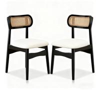 Juego de 2 sillas de comedor modernas de ratán, sillas de cocina de cuero de mediados de siglo con patas de madera maciza, diseño negro Slish para el hogar y el restaurante, mesa y asientos