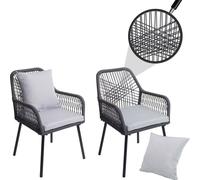 Juego de 2 sillas de jardín HWC-O12, con cojines para asiento y respaldo para exteriores, estructura de aluminio y trenzado de cuerda "rope" en color gris antracita, funda gris