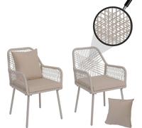 Juego de 2 sillas de jardín HWC-O12, con cojines para asiento y respaldo para exteriores, fabricadas con tejido de aluminio tipo cuerda ("rope"), color crema, y funda color crema
