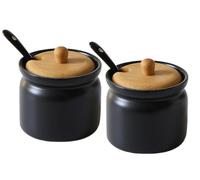 Juego de 2 tarros de cerámica para especias, recipientes de almacenamiento, salero, azucarero con cuchara y tapa de bambú, recipiente de almacenamiento, para cocina, comedor, cafetería,180 ml (negro)