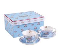 Juego de 2 Tazas de té y platillos, diseño Vintage de Flores y Rosas en Caja de Regalo (2 Unidades), Color Azul
