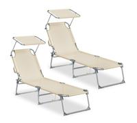 Juego de 2 Tumbonas plegables 189 x 53 x 28,5 cm con parasol y respaldo ajustable Beige