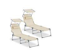 Juego de 2 Tumbonas Plegables con Cojines y Respaldo Ajustable Beige
