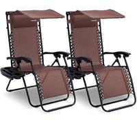 Juego de 2 tumbonas plegables, ideales para el jardín, resistentes a la intemperie, perfectas para relajarse. Incluyen toldo para proteger del sol, una mesita auxiliar y un portavasos. Silla de campin