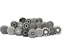 Juego de 20 pomos de cerámica con diseños de mosaicos florales en negro, pintados a mano. Tiradores artesanales para armarios, cajoneras, cómodas y colgadores. Pomos clásicos de 38 mm diámetro.