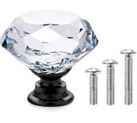 Juego de 20 pomos de cristal brillantes de Unyqoos®, con diseño de cristal facetado como un diamante, base de aleación negra, incluye 3 tamaños de tornillos