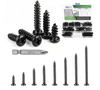 Juego de 225 tornillos autorroscantes de metal, M4 Wood Screws Assortment Set, Self Drilling Cross Round Head Sheet Meta Screw Set for DIY Metal Plastic Wood Repairs (Black)