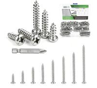 Juego de 225 tornillos autorroscantes, M4 Wood Screws Assortment Set, Self Drilling Cross Round Head Sheet Metal Screw Set for DIY Metal Plastic Wood Repairs (Silver)