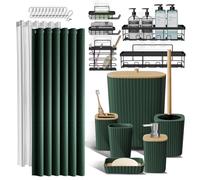 Juego de 25 Accesorios de baño y Organizador de Ducha con Estante de Ducha para Almacenamiento de baño, Juego de Cortina de Ducha Verde, Cepillo de Inodoro, Cubo de Basura, dispensador de jabón,