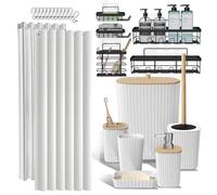Juego de 25 Accesorios de baño y Organizador de Ducha con Estante de Ducha para Almacenamiento de baño, Juego de Cortina de Ducha Blanca, Cepillo de Inodoro, Cubo de Basura, dispensador de jabón,